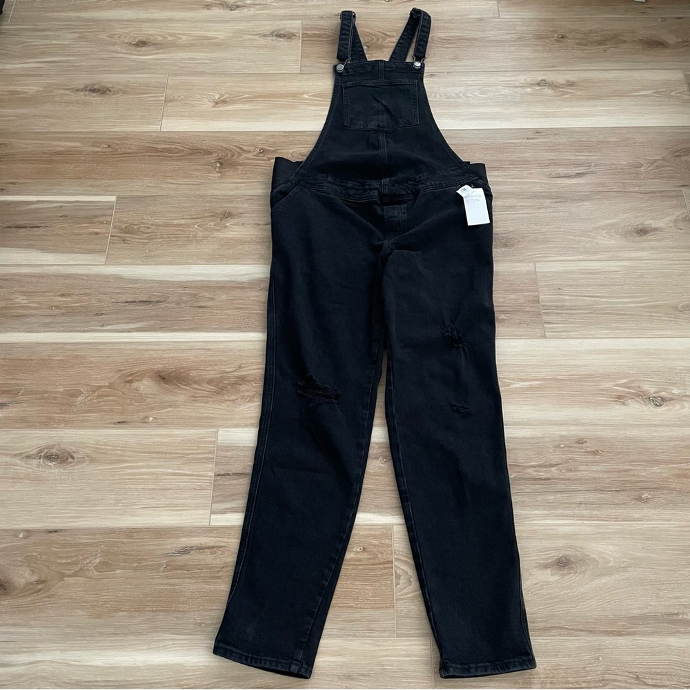 Old Navy Maternity Side Panel OG Distressed Straight Long Jean Overalls 8 LONG